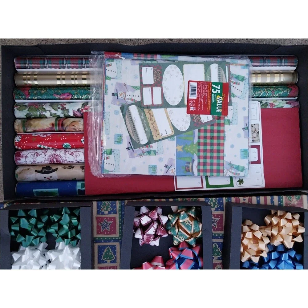 Vintage Christmas Wrapping Kit With Bows Gift Tags Multicolor Paper Supplies